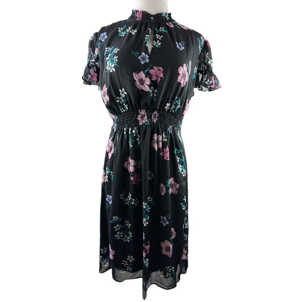 NWT Lane Bryant Floral Dress Blk Smocked Keyhole Chiffon Plus Size 24P 24 Petite - Picture 13 of 15